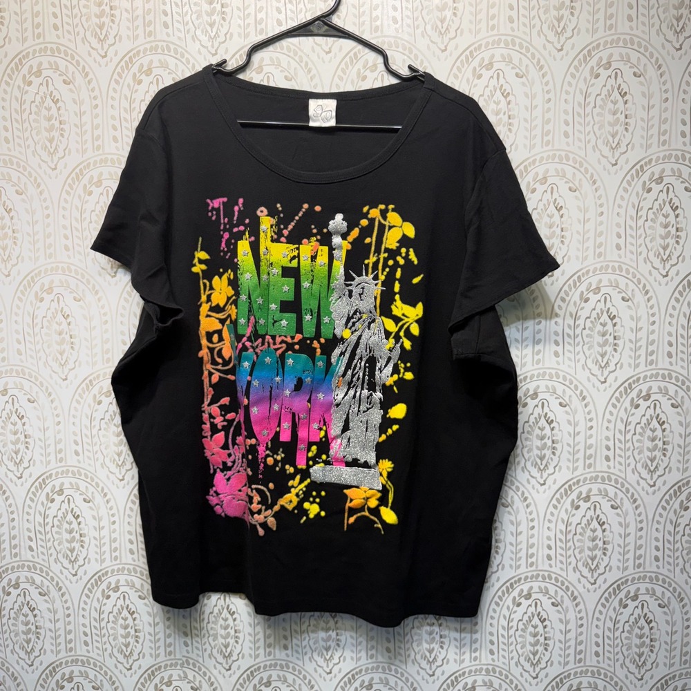 90 Degree Graphic Tee Womens 4X Black New York Statue of Liberty Neon Glitter